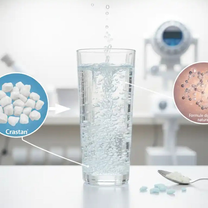 Granulés effervescents digestifs se dissolvant dans un verre d’eau, montrant la réaction pétillante.