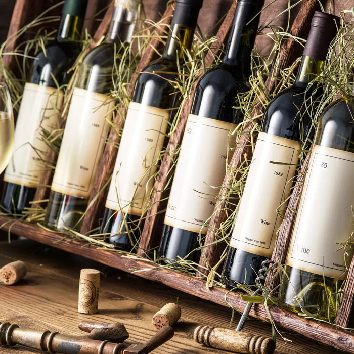 Coffret de bouteilles de vin rouge et blanc millésimé 1989 avec deux verres de dégustation, sur table en bois avec bouchons et accessoires d’œnologue