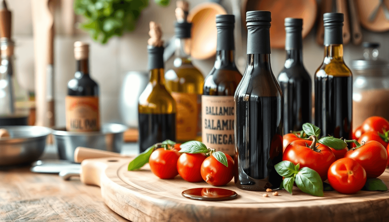 Bouteilles de vinaigre balsamique italien premium sur un plan de travail, accompagnées de tomates fraîches et de basilic