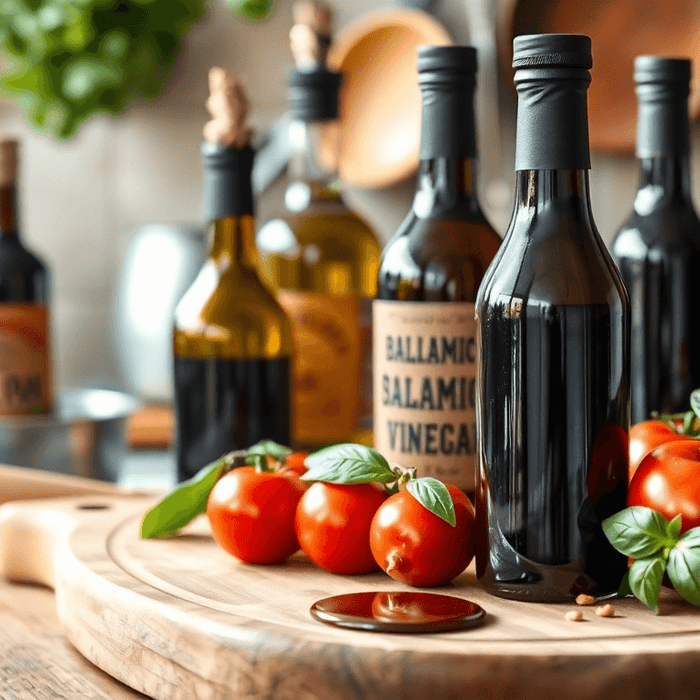 Bouteilles de vinaigre balsamique italien premium sur un plan de travail, accompagnées de tomates fraîches et de basilic