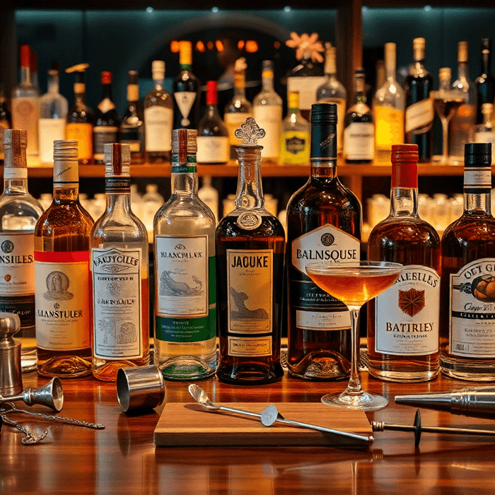 Sélection de liqueurs essentielles pour cocktails — curaçao bleu, bénédictine, chartreuse, cointreau, liqueur de café — présentées sur un bar élégant avec matériel de mixologie.