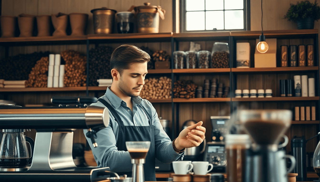 Barista préparant un café dans un café moderne, entouré de machines à espresso et de grains de café, illustrant le choix entre café en grain et café en capsule.