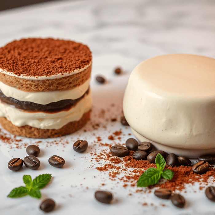 Desserts italiens : tiramisù et semifreddo traditionnels présentés sur une table avec cacao et café