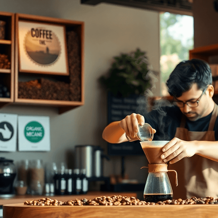 Barista préparant un café filtre dans un café artisanal, entouré de sacs de café bio équitable et d’étiquettes de certification écologique.