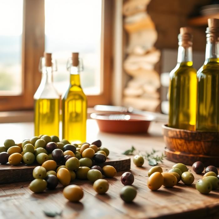 Bouteilles d’huile d’olive italienne sur une table en bois rustique entourées d’olives vertes et noires dans une cuisine baignée de lumière naturelle — EasyGusto.fr