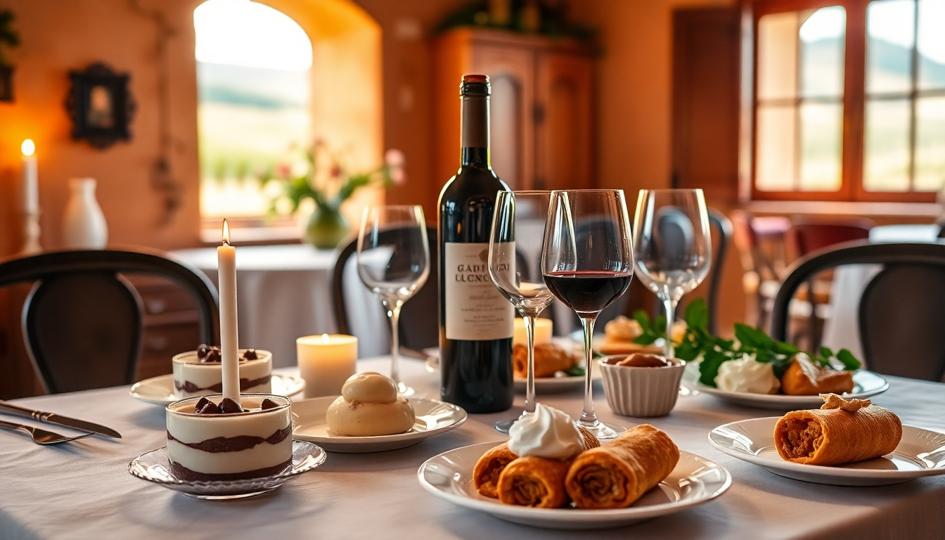 Table élégante italienne dressée avec desserts traditionnels et bouteille de vin rouge — parfait accord mets-vins dans une ambiance chaleureuse et authentique — EasyGusto.fr