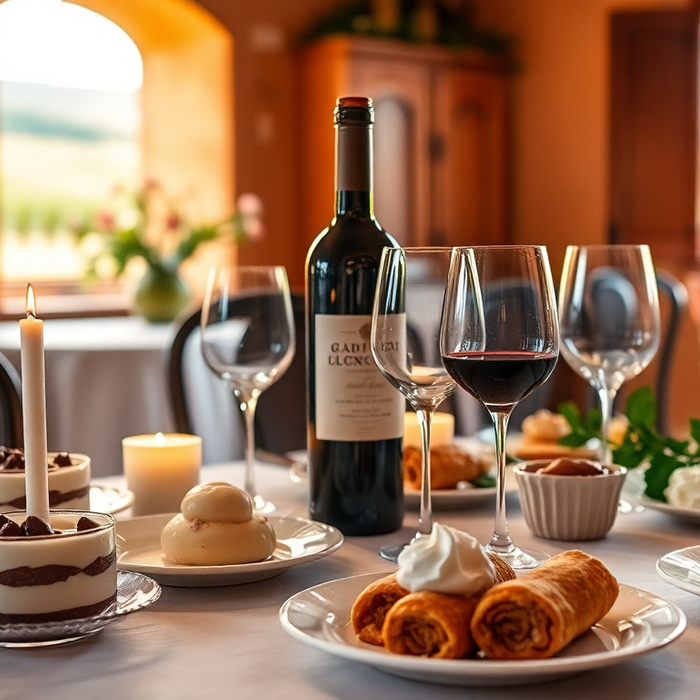 Table élégante italienne dressée avec desserts traditionnels et bouteille de vin rouge — parfait accord mets-vins dans une ambiance chaleureuse et authentique — EasyGusto.fr
