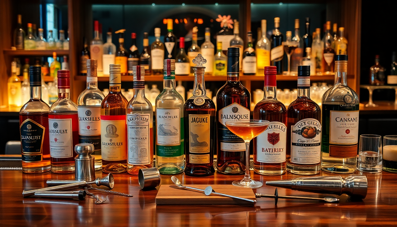 Sélection de liqueurs essentielles pour cocktails — curaçao bleu, bénédictine, chartreuse, cointreau, liqueur de café — présentées sur un bar élégant avec matériel de mixologie.