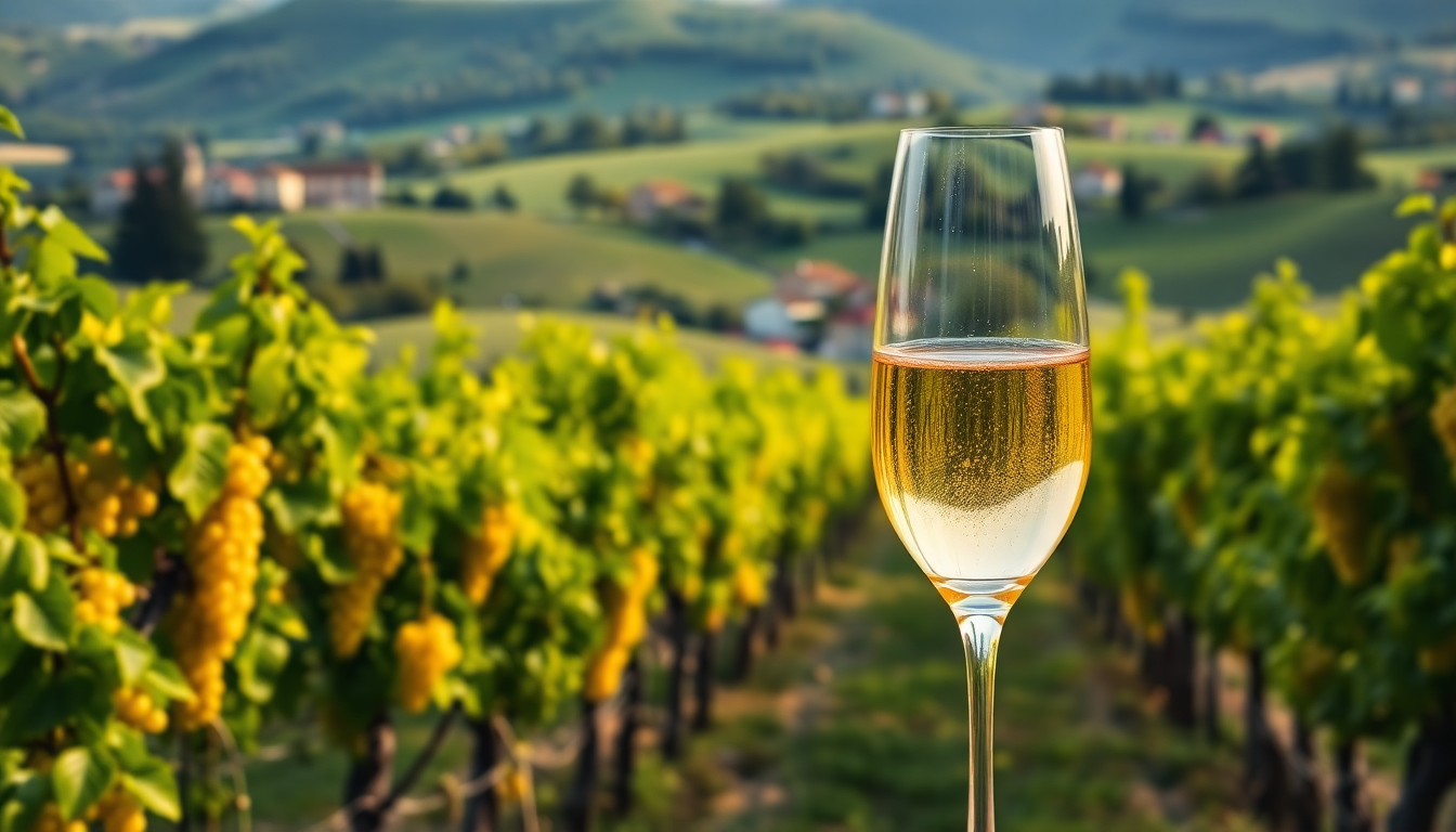 Flûte de Moscato d’Asti doré au cœur des vignes du Piémont, baignée de lumière, avec grappes de raisins mûrs en arrière-plan.