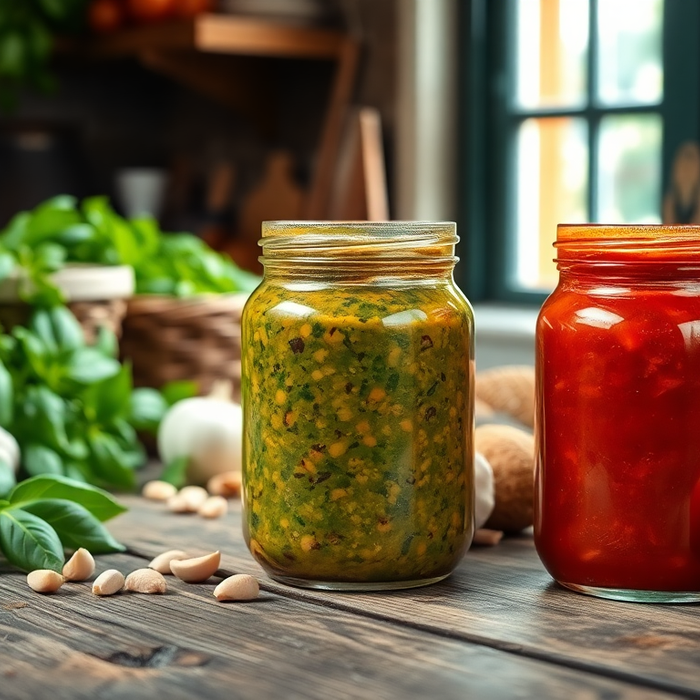 Pots de pesto vert et de sauce arrabbiata rouge sur une table en bois rustique, entourés de tomates, basilic frais, ail et pignons de pin — EasyGusto.fr