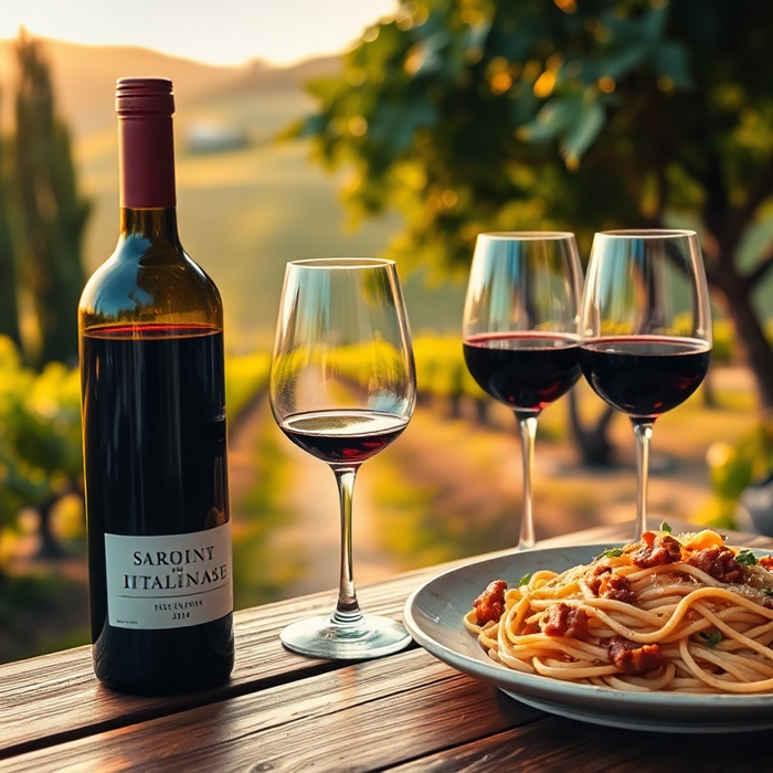 Bouteille de vin rouge italien avec deux verres de vin et une assiette de spaghetti à la sauce tomate, posés sur une table en terrasse avec vue sur un vignoble au coucher du soleil en Toscane.