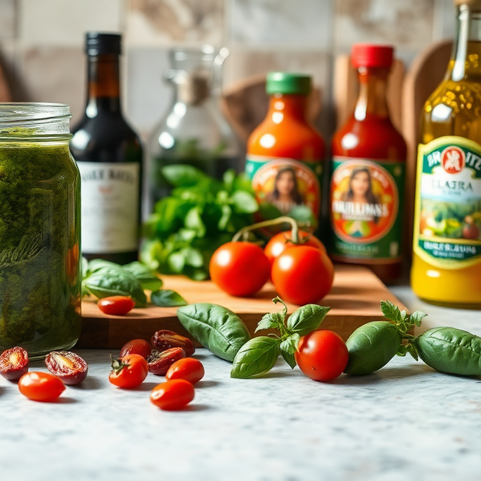 Pots de pesto, tomates cerises fraîches, basilic et sauces italiennes artisanales sur un plan de travail — ingrédients méditerranéens authentiques EasyGusto.fr