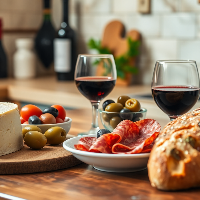 Plateau d’apéritif italien avec pain rustique, fromage, olives, charcuterie et verres de vin rouge sur une table en bois – ambiance conviviale et authentique EasyGusto.fr