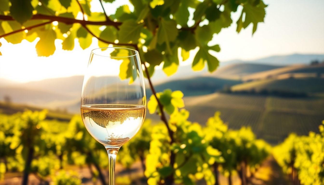 Verre de vin blanc scintillant dans un vignoble ensoleillé d’Italie, entouré de vignes verdoyantes et de collines estivales — symbole de fraîcheur et d’art de vivre italien — EasyGusto.fr