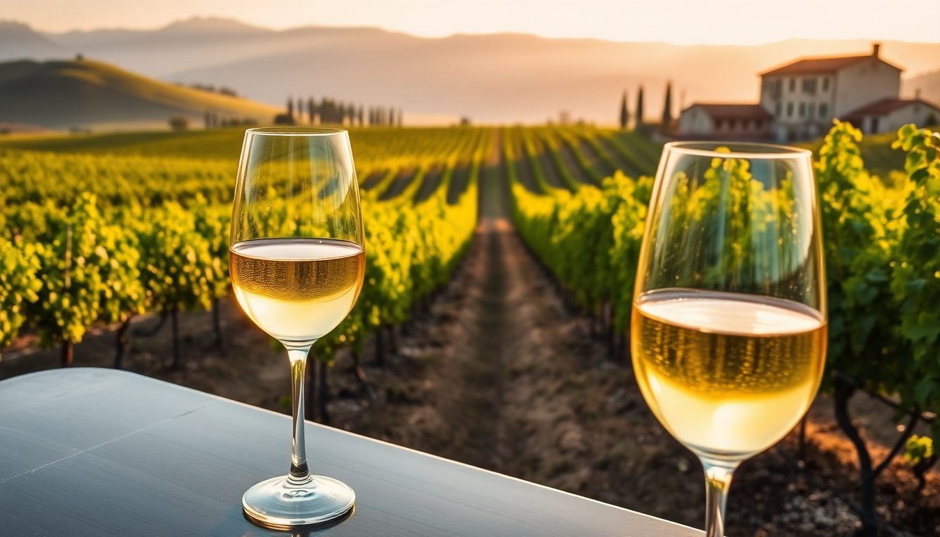 Deux verres de vin blanc italien posés sur une table face à un vignoble baigné de lumière au coucher du soleil, symbolisant la fraîcheur et l’élégance des vins d’été — EasyGusto.fr