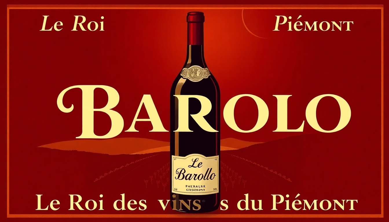 Affiche illustrée d’une bouteille de vin Barolo, surnommé le Roi des vins du Piémont, sur un fond rouge élégant avec les mentions 'Le Roi' et 'Piémont'.
