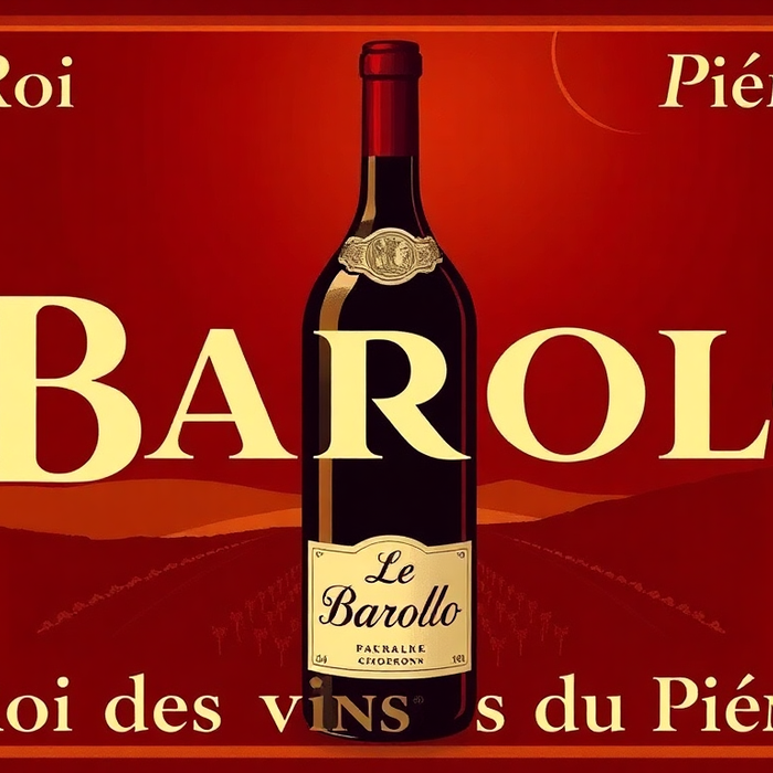 Affiche illustrée d’une bouteille de vin Barolo, surnommé le Roi des vins du Piémont, sur un fond rouge élégant avec les mentions 'Le Roi' et 'Piémont'.