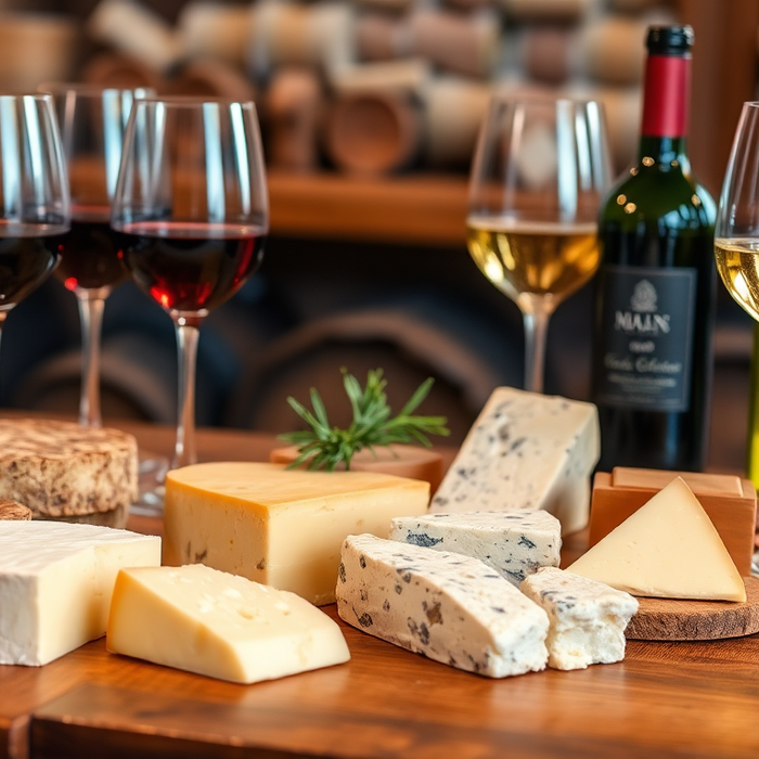 Assortiment de fromages français affinés accompagnés de vins italiens rouges et blancs, disposés sur une table en bois dans une ambiance conviviale — EasyGusto.fr