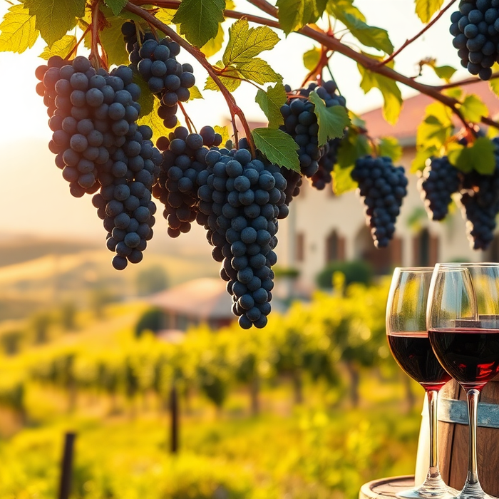 Grappes de raisins mûrs suspendues dans un vignoble ensoleillé d’Émilie-Romagne, avec deux verres de Lambrusco rouge posés sur un tonneau — symbole du vin pétillant italien et de la tradition viticole — EasyGusto.fr