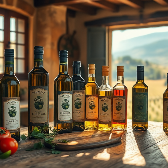 Bouteilles d’huiles d’olive italiennes artisanales alignées sur une table en bois dans une cuisine rustique, avec des tomates fraîches et vue sur les collines toscanes baignées de lumière naturelle.