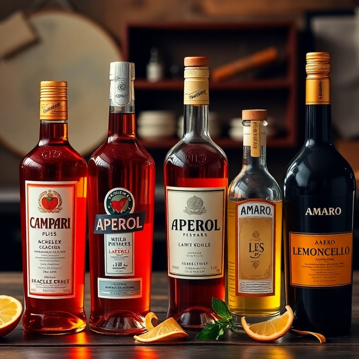 Sélection de digestifs et apéritifs italiens — Amaretto, Limoncello, Ratafia, Génépi et Verveine — présentés dans une ambiance méditerranéenne évoquant la tradition et le savoir-faire italien.