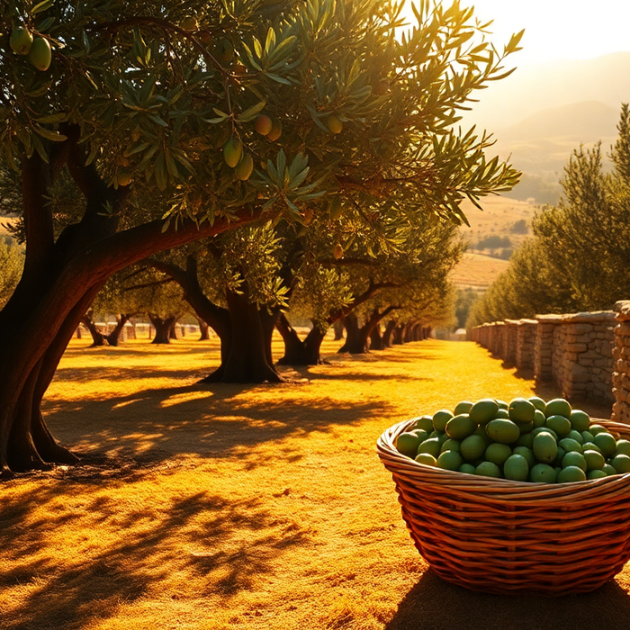 Panier d’olives vertes fraîchement récoltées dans une oliveraie sicilienne baignée de soleil au coucher du jour — EasyGusto.fr