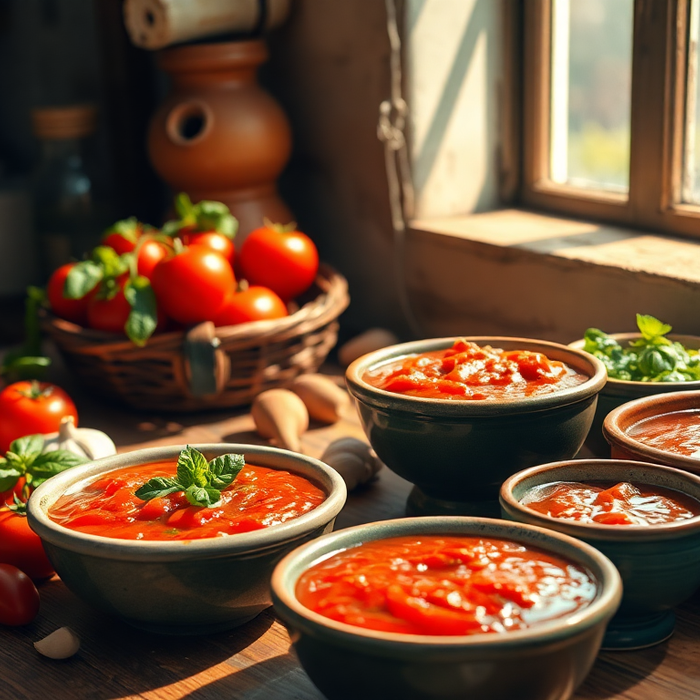 Bols de sauces italiennes artisanales à base de tomates fraîches, d’ail et de basilic, disposés sur une table en bois rustique éclairée par la lumière naturelle — EasyGusto.fr