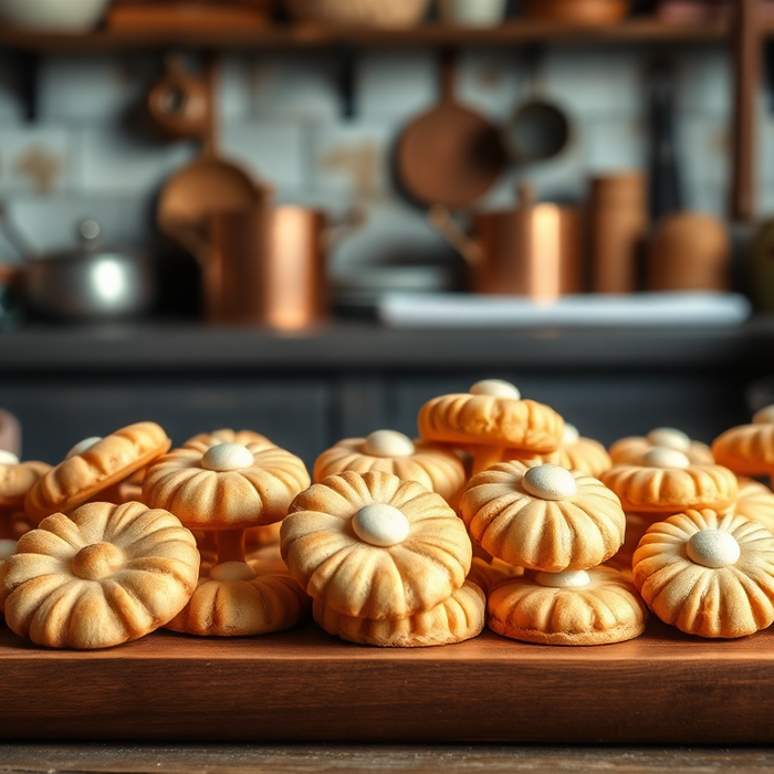 Assortiment de biscuits italiens à base d’amande, disposés sur un plan de travail en bois dans une cuisine rustique, avec des ustensiles en cuivre en arrière-plan.