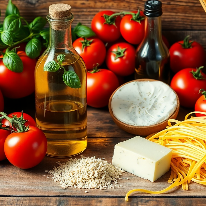 Huiles d’olive italiennes, pâtes artisanales, fromages et condiments méditerranéens sur une table rustique — sélection authentique EasyGusto.fr