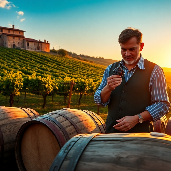 Vigneron italien dégustant un verre de vin devant des fûts de chêne au coucher du soleil, dans un vignoble toscan avec un domaine viticole en arrière-plan — EasyGusto.fr