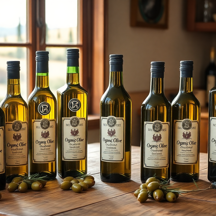 Bouteilles d’huiles d’olive italiennes bio primées alignées sur une table en bois, entourées d’olives fraîches, dans une ambiance chaleureuse avec vue sur la campagne toscane.