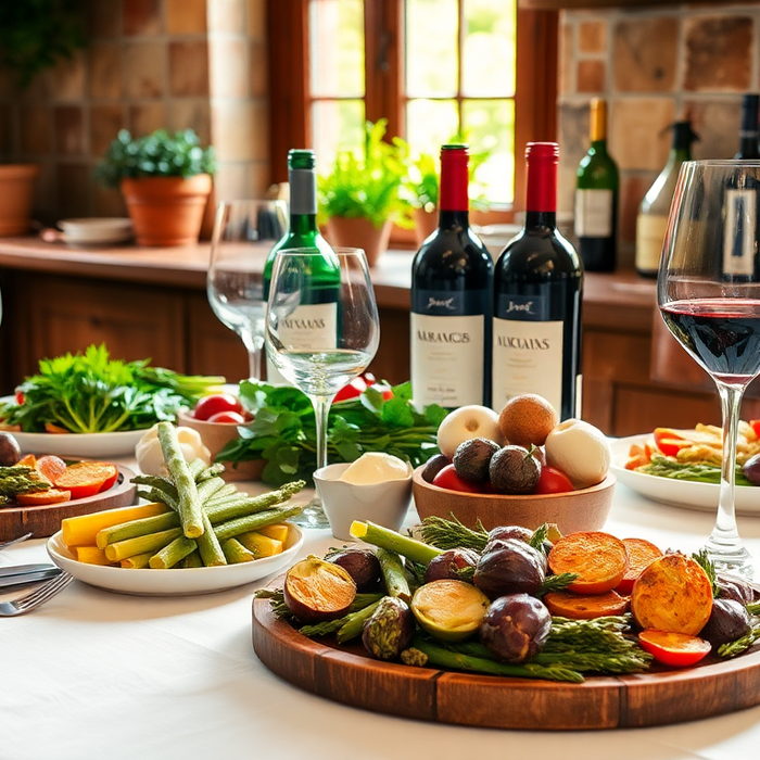 Table italienne de printemps avec vins rouges et blancs, plats méditerranéens et légumes frais — accords mets-vins italiens EasyGusto.fr