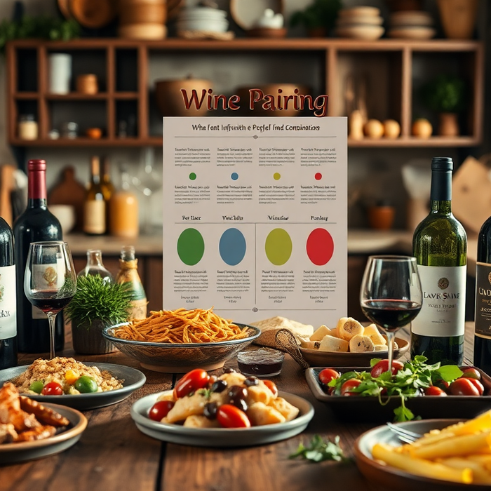 Dîner italien authentique avec vins rouges, pâtes, fromages et antipasti sur table rustique — accords mets et vins EasyGusto.fr