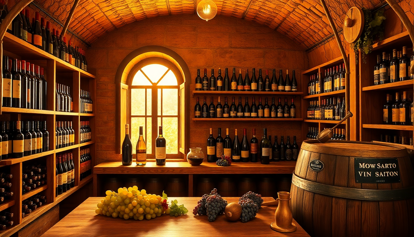 Cave italienne traditionnelle remplie de bouteilles de vin doux — Moscato, Marsala et Vin Santo — éclairée par une lumière dorée, symbolisant l’art viticole et la richesse des terroirs d’Italie. EasyGusto.fr