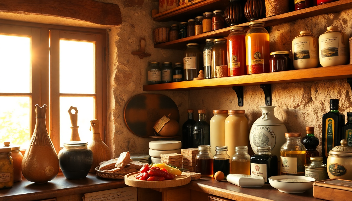 Étagères rustiques remplies de produits italiens artisanaux — huiles d’olive, bocaux, condiments et fromages — dans une cuisine ensoleillée typique d’Italie, EasyGusto.fr