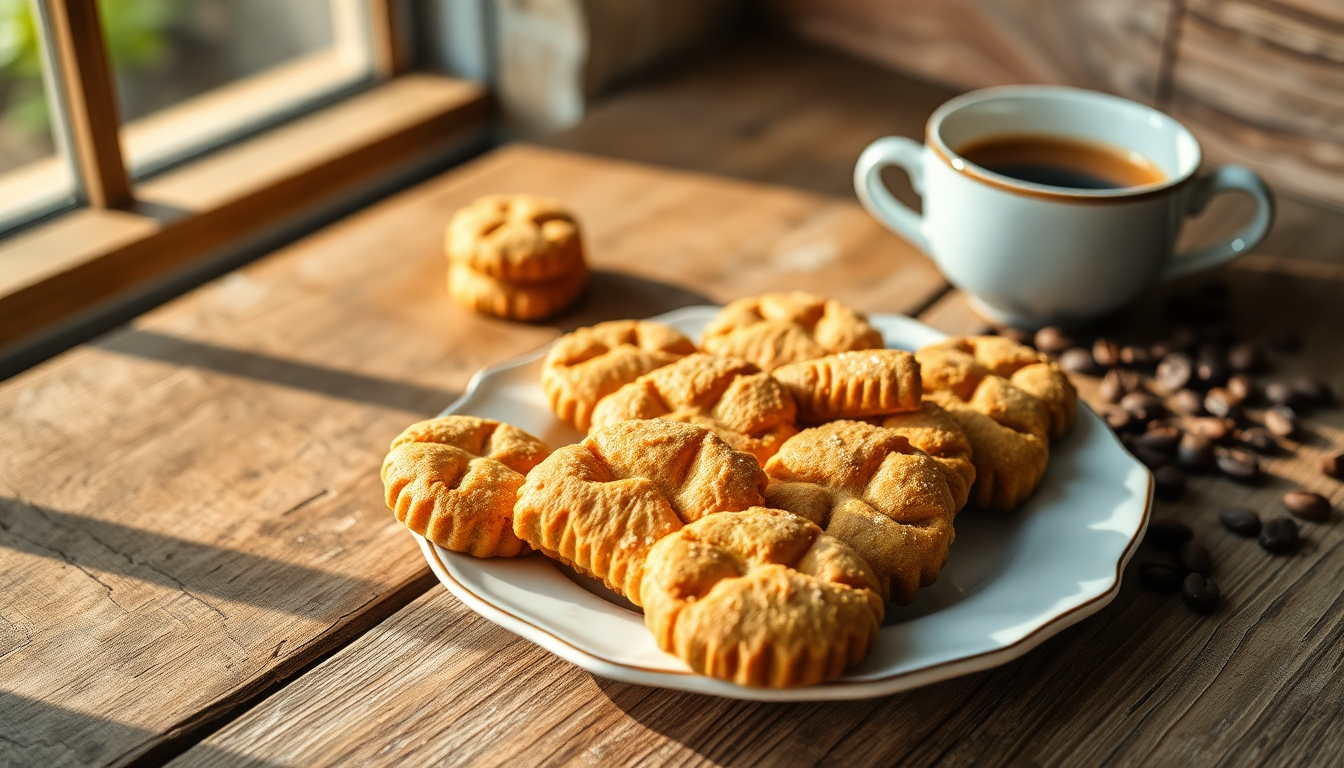 Assiette de biscuits italiens dorés servis avec une tasse de café chaud sur une table en bois, ambiance matinale et gourmande — EasyGusto.fr