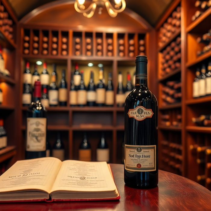 Bouteille de vin italien de collection exposée dans une cave élégante en bois, entourée d’autres grands crus et d’un livre de dégustation ouvert, ambiance chaleureuse et raffinée.