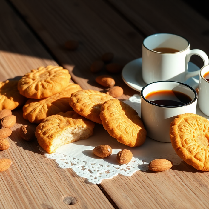 Biscuits italiens à base d’amande – amaretti et cantuccini – accompagnés de tasses d’expresso sur une table en bois ensoleillée, ambiance authentique italienne EasyGusto.fr