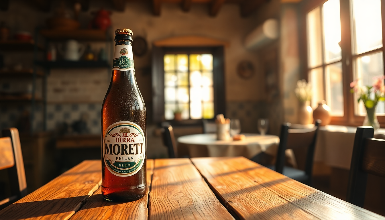 Bouteille et verre de Birra Moretti sur une table rustique italienne – bière blonde artisanale italienne, photo EasyGusto.fr