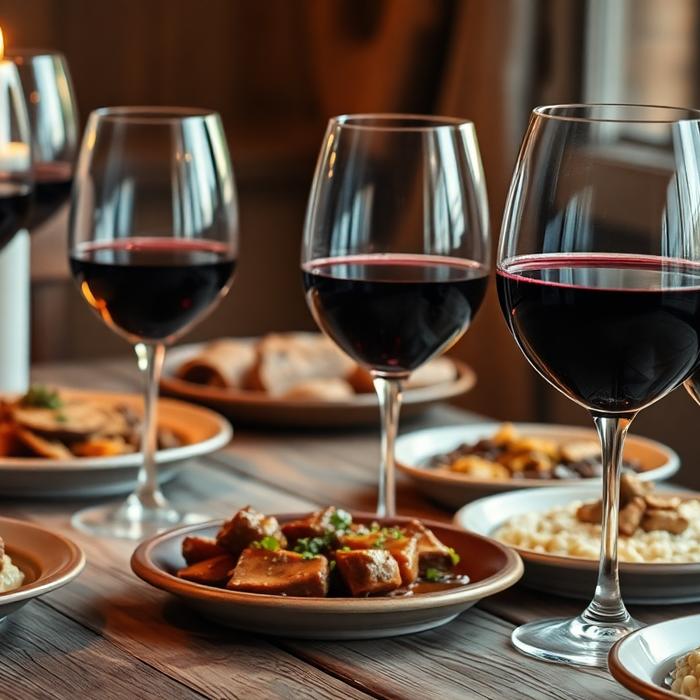 Verres de vin rouge italien servis avec des plats d’hiver traditionnels — risotto, viande mijotée et antipasti sur une table rustique éclairée à la bougie.