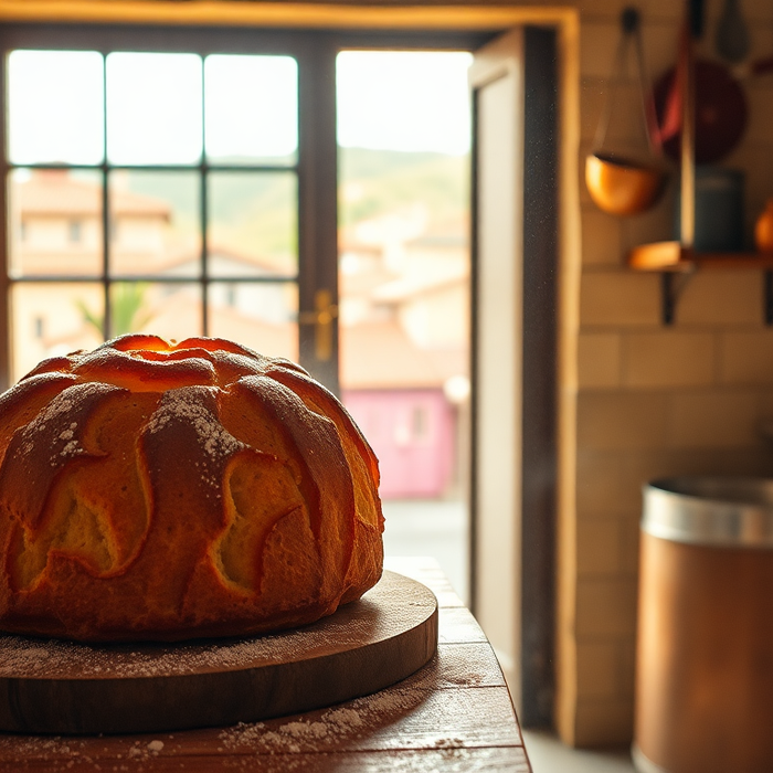 Panettone italien artisanal posé sur une table en bois dans une cuisine traditionnelle