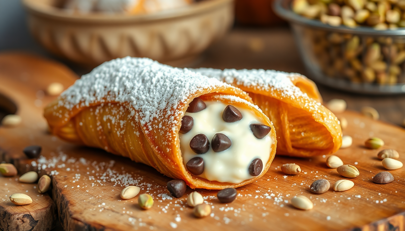 Cannoli siciliens traditionnels croustillants garnis de ricotta et décorés de pistaches, servis sur une assiette artisanale italienne.