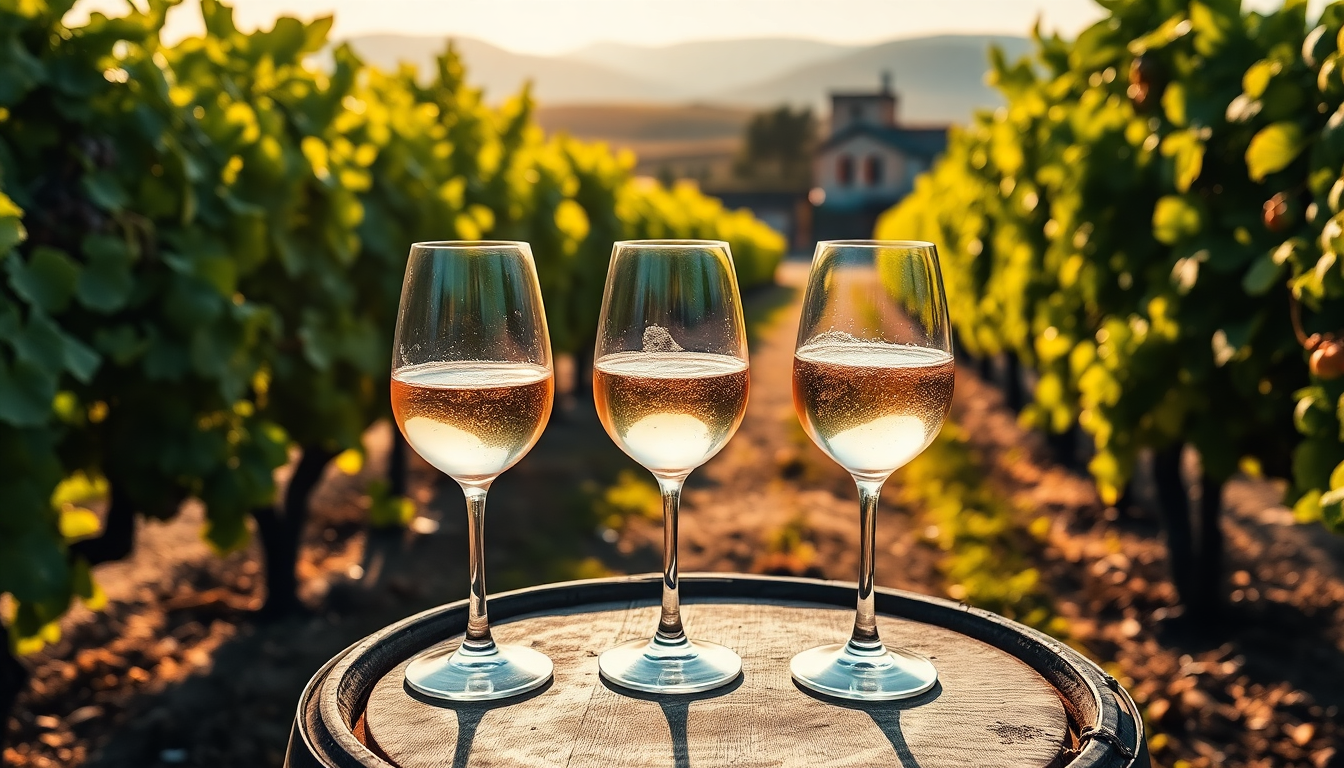 Trois verres de vins pétillants italiens posés sur un tonneau entre les vignes du Piémont au coucher du soleil, symbolisant le Moscato d’Asti, l’Asti Spumante et le Prosecco.