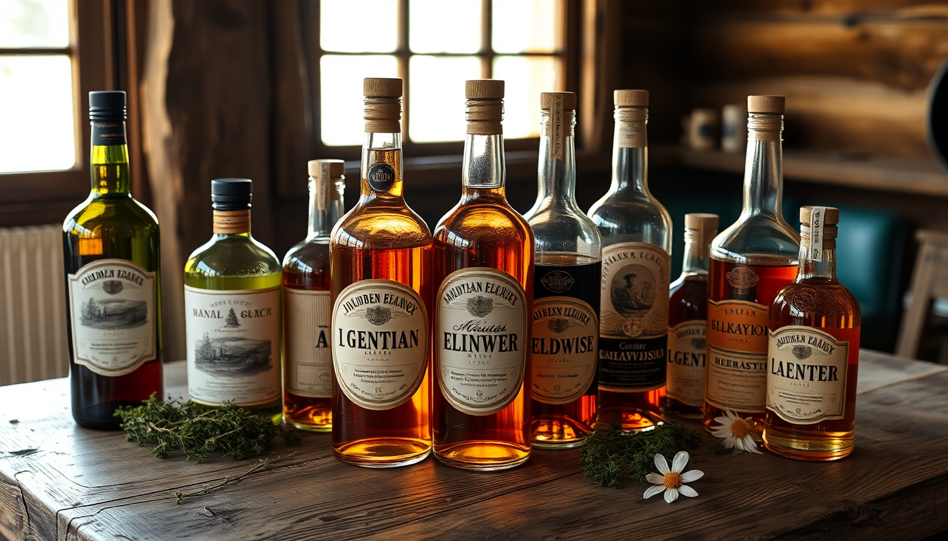 Bouteilles de liqueurs artisanales de montagne alignées sur une table en bois dans un chalet alpin ensoleillé.