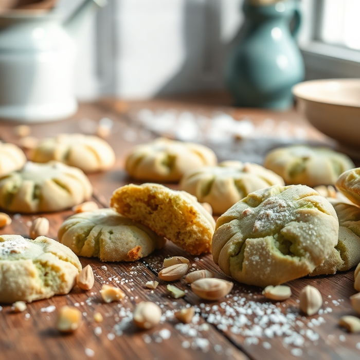Biscuits italiens à la pistache disposés sur une table en bois rustique, saupoudrés de sucre glace et accompagnés d’amandes — symbole de la douceur sicilienne authentique — EasyGusto.fr