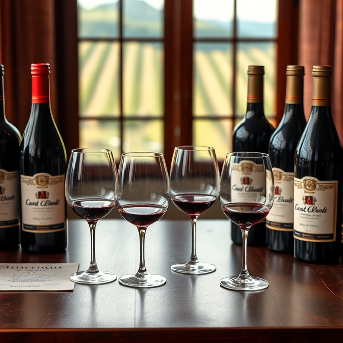 Sélection de bouteilles de vins rouges italiens et verres à dégustation posés sur une table en bois face à un vignoble — EasyGusto.fr