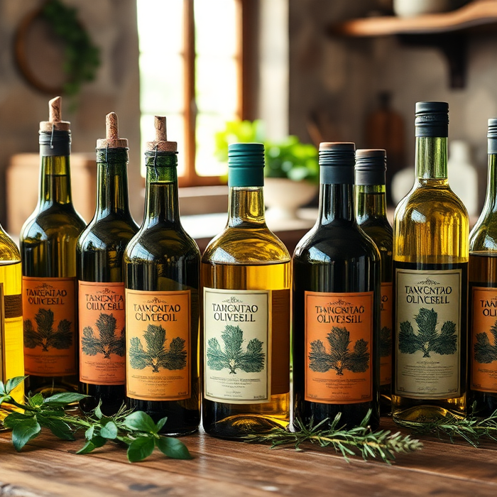 Collection de bouteilles d’huiles d’olive aromatisées italiennes sur une table en bois, avec herbes fraîches et lumière naturelle — EasyGusto.fr