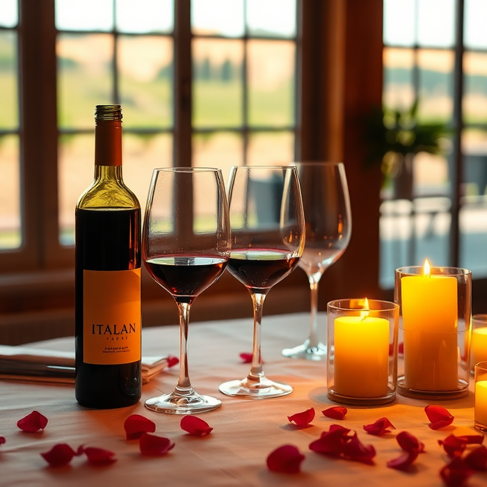 Table élégamment dressée pour un dîner romantique avec bougies allumées, pétales de rose, verres à vin et une bouteille de vin italien rouge — EasyGusto.fr