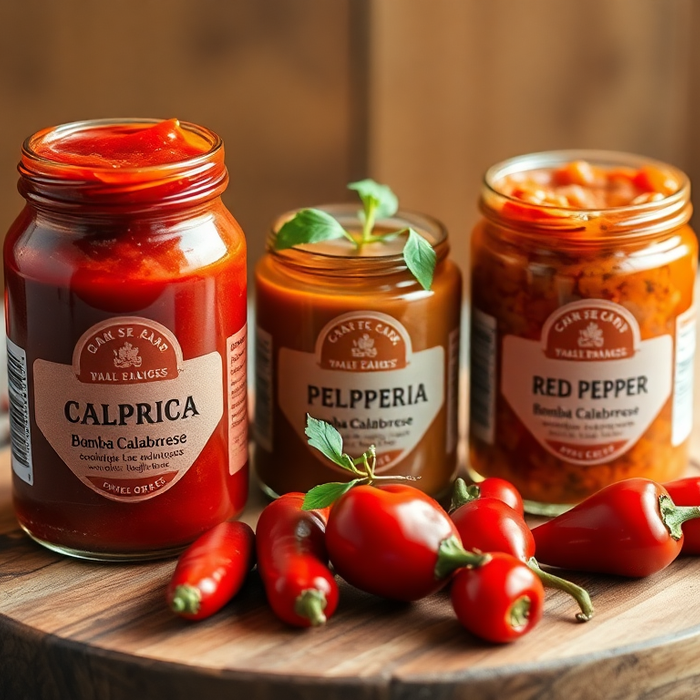 Pots de Bomba Calabrese et de Crème de Poivrons italiens posés sur une planche en bois, sauces rouges épicées avec piments frais