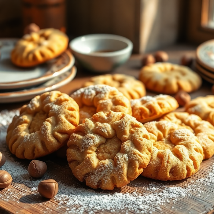 Biscuits italiens aux noisettes dorés et saupoudrés de sucre glace, posés sur une table en bois rustique — pâtisserie artisanale italienne EasyGusto.fr